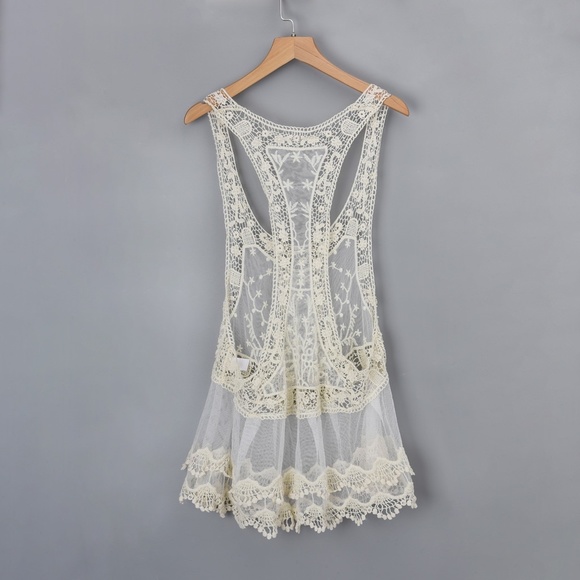 Cream Lace Embroidered ruffle hem boho Cover Up - Picture 9 of 10